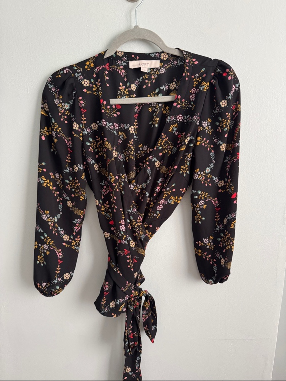 LOFT Black Floral Wrap Blouse with Tie Waist